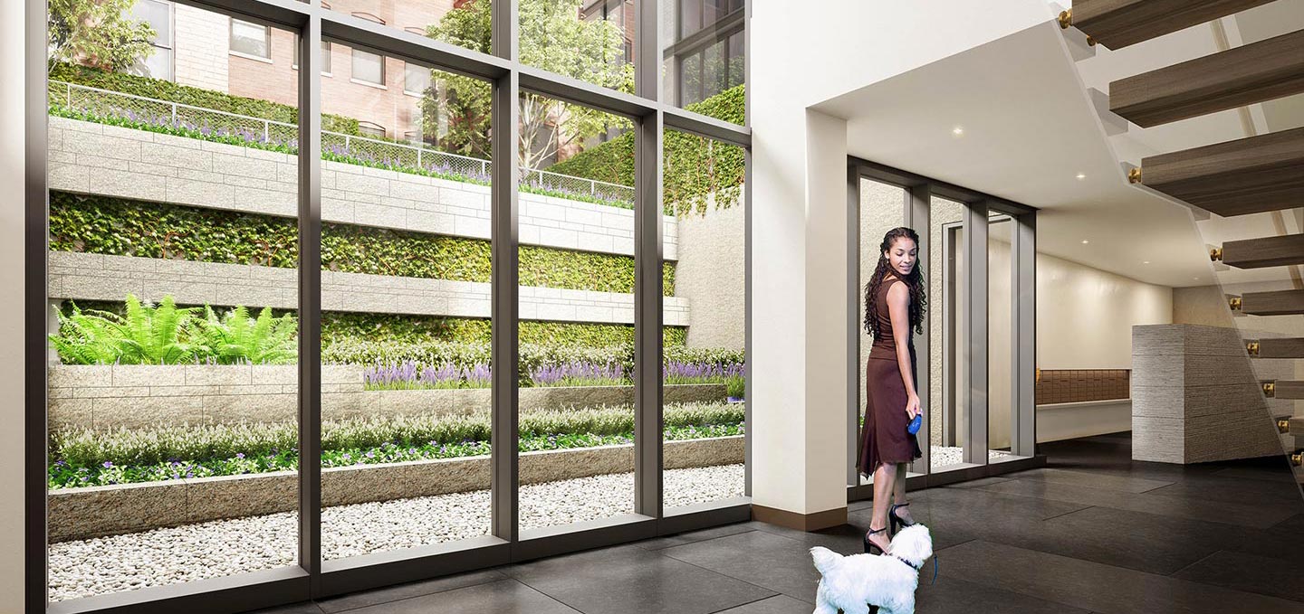 sunken garden view from interior lobby